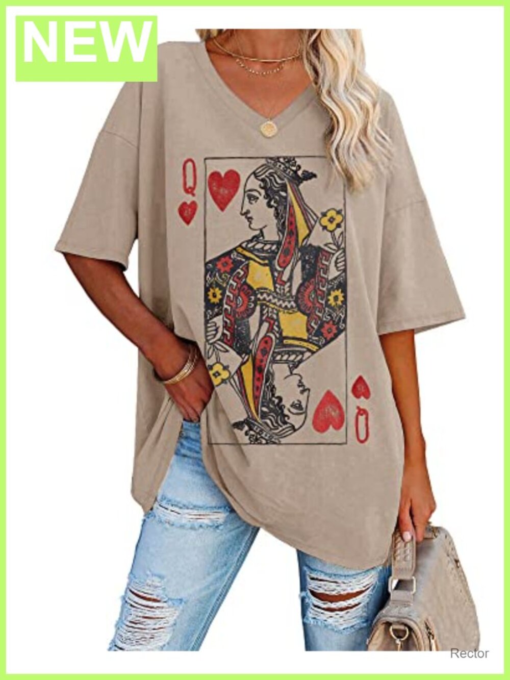Oversized Queen of Hearts Graphic Tunic Top V-Neck Short Sleeve Casual